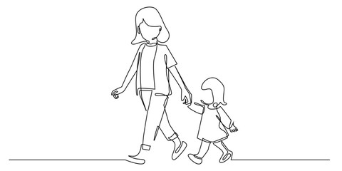 Minimalist continuous line art of mother walking with daughter. Simple modern design with one line drawing style. Perfect for banners, books, family themed illustrations, Mother's Day designs.