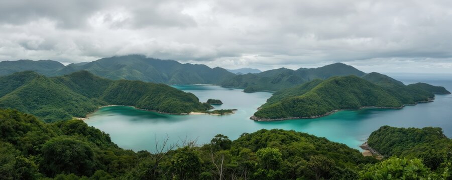 Breathtaking panoramic view shows green hills bordering turquoise lake waters under cloudy sky. Island landscape features vibrant vegetation, serene bays, distant coastline, evoking natural beauty, - Powered by Adobe