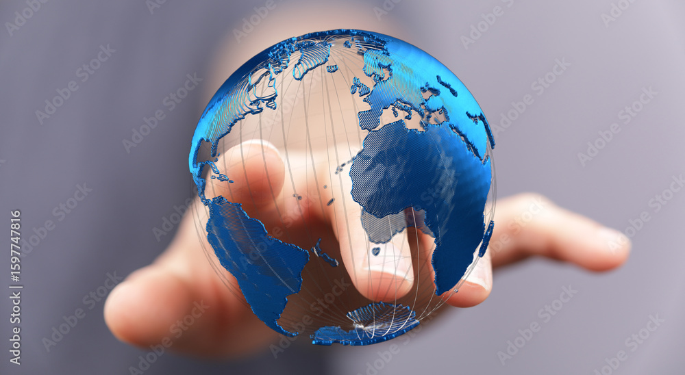 Poster high-quality stock photo of a hand interacting with a digital globe, representing global connectivit