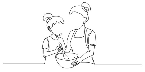 Minimalist continuous line art of mother and child cooking together. Simple modern design with one line drawing style. Perfect for banners, family, food and culinary themed illustrations.