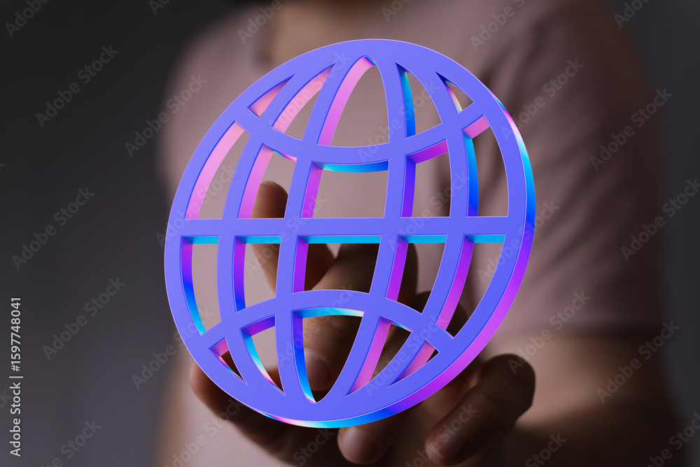 Poster abstract image of a person holding a digital globe, representing global connectivity and networking.