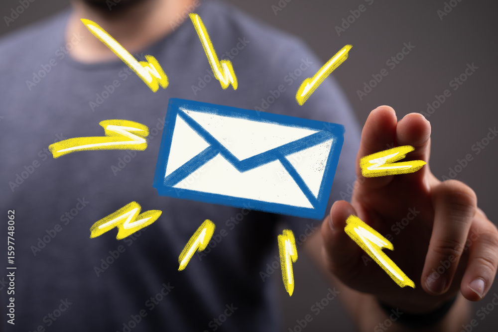 Poster image of a hand interacting with an email icon, symbolizing online communication and messaging.