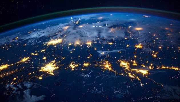 La Tierra iluminada de noche desde el espacio, mostrando luces de ciudades y masas continentales globales