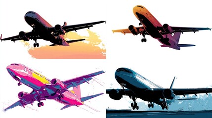 Four stylized jet aircraft in various vibrant colors, taking off or landing, against a white background.  Each plane is depicted with a splash of color effect around it