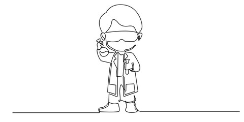 Minimalist continuous line art of little professor holding a test tube. Simple design with one line drawing style. Perfect for educational banners, science backgrounds, science themed illustrations.