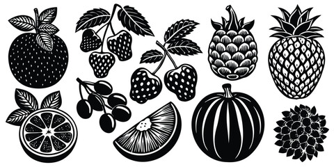 Collection of woodcut style fruit silhouettes including strawberries pineapple orange and grapes silhouette