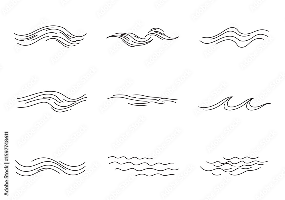 Aufkleber nine variations of wavy lines in a grid pattern representing water or abstract artistic elements her