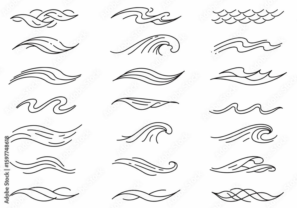 Poster illustration of various wave designs with simple black lines on a white background showing wave patt