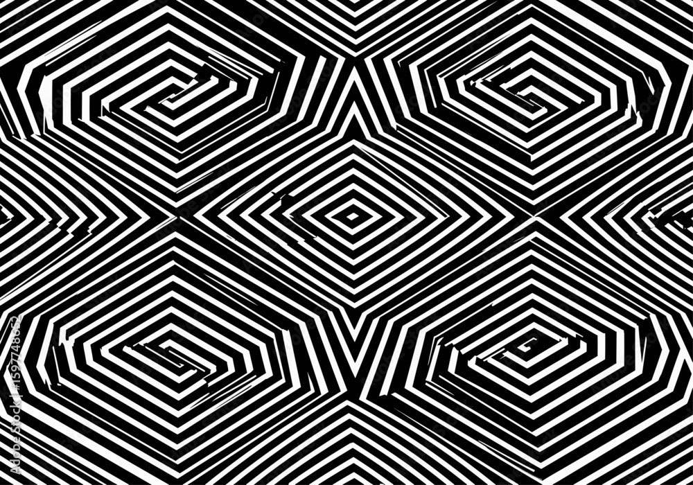 Poster black and white optical illusion pattern featuring geometric shapes and swirling line designs creati