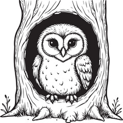 Whimsical Owl in Tree Hollow: A charming and delightful owl with large, expressive eyes perches inside a hollow tree, creating a heartwarming illustration of forest life.