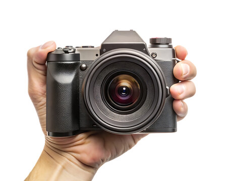 Hand holding vintage camera isolated - on white background