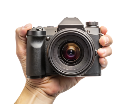Hand holding vintage camera isolated -  on white background