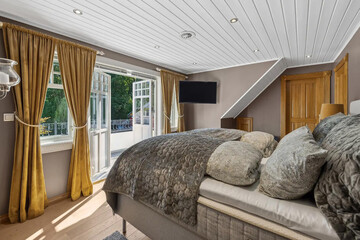 Modern luxury bedroom interior in minimal scandinavian style