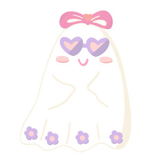 Halloween Ghost kawaii pastel with heart shaped glasses ribbon bow pink hand drawn