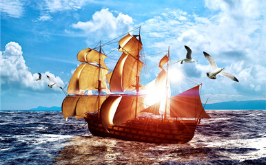 Majestic Sailing Ship at Sea with Seagulls and Bright Sky
