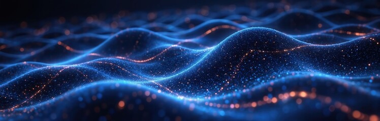 Abstract blue wave technology background with glowing particles and energetic lines. Digital overlay creates sense of depth. This futuristic design evokes data flow, AI, and virtual reality concepts.