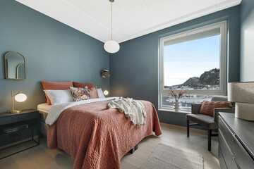 Modern luxury bedroom interior in minimal scandinavian style