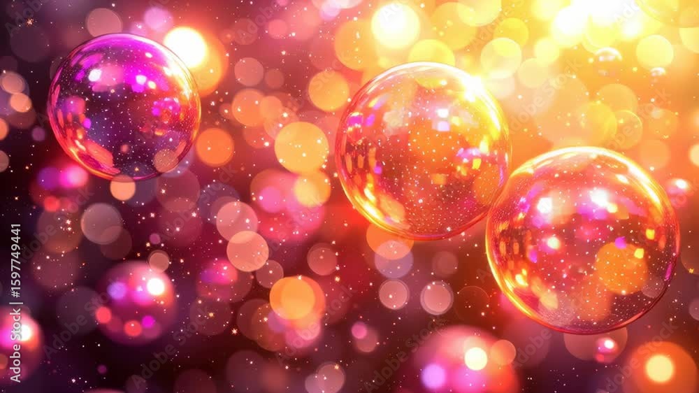 Poster colorful bubbles with sparkling particles in a dreamy background of warm tones and bokeh effects