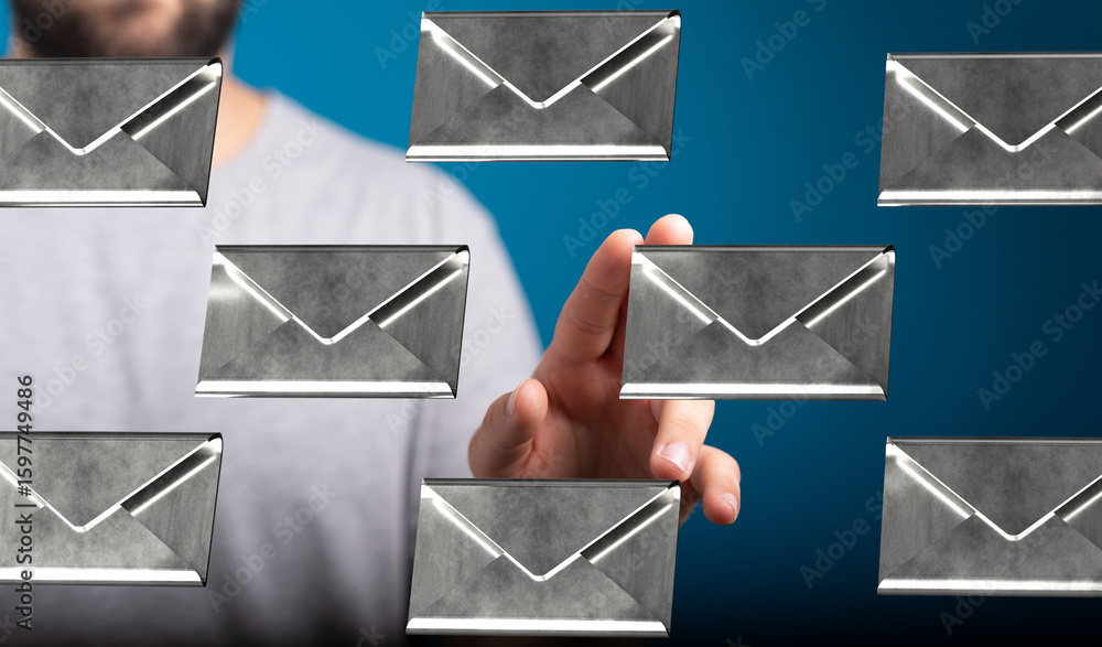 Poster a man's hand interacts with floating email icons, representing digital communication and inbox manag