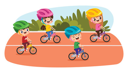 Funny Cartoon Kids Riding Bicycle