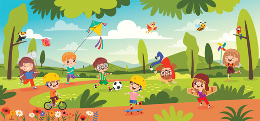 Funny Cartoon Kids Playing Outdoor