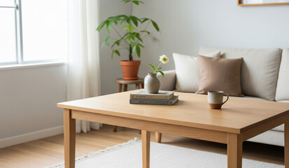 A minimalist wooden table in a cozy living room with soft natural light, creating a serene domestic still life scene.