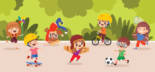 Funny Cartoon Kids Playing Outdoor
