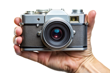 Hand holding vintage camera isolated -  on white background