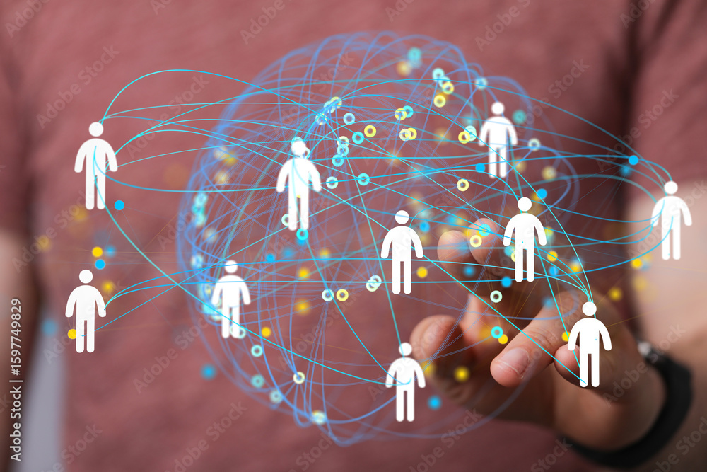 Aufkleber image of a hand interacting with a digital network representing global connections and communication