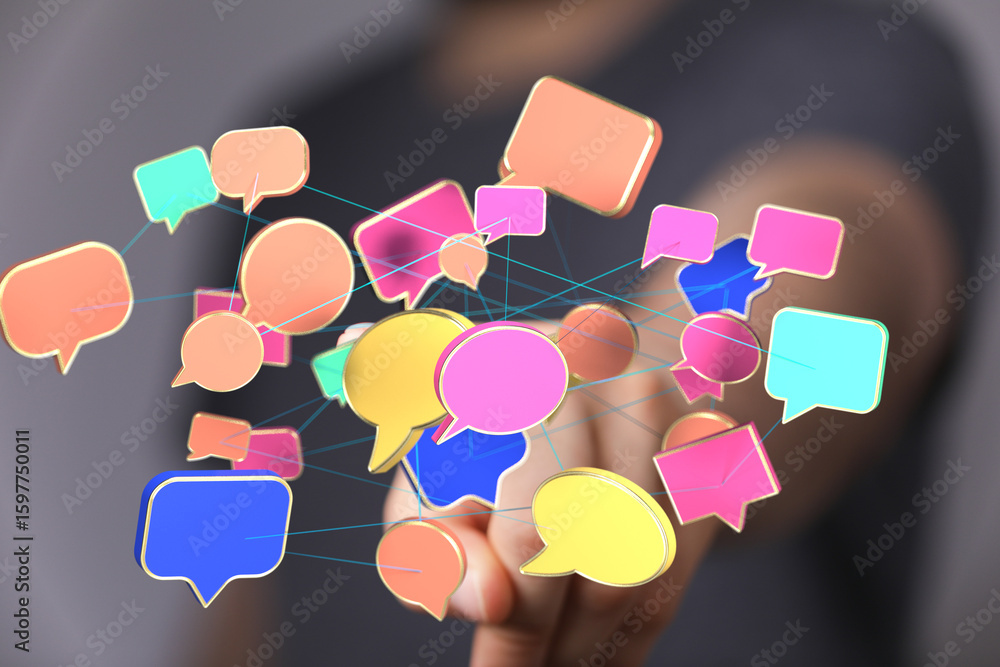 Poster abstract image of colorful speech bubbles interconnected, symbolizing communication and networking.