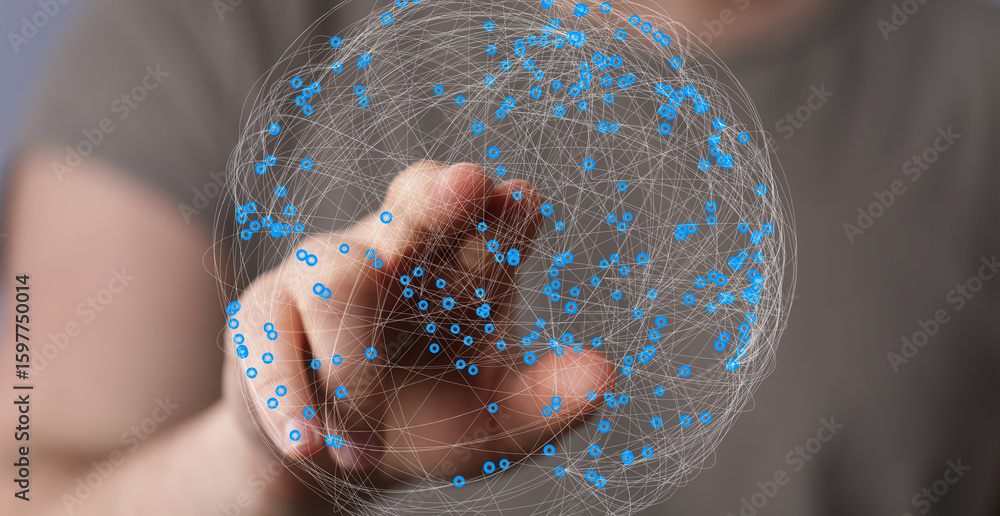 Aufkleber person's finger interacts with a digital globe, symbolizing global network connection and data inter