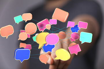 Abstract image of colorful speech bubbles interconnected, symbolizing communication and networking.