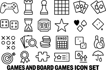 Games and board games vector icon set featuring dice, chess, cards, controller, tokens, puzzle, and game boards. Perfect for fun, entertainment, and strategy game designs.

