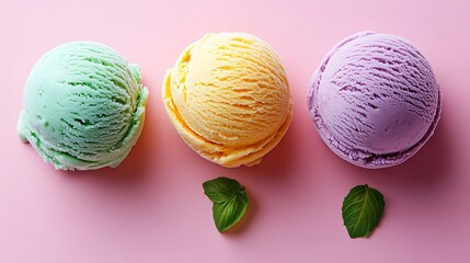 Vibrant Ice Cream Flavors Stacked in White Bowls Against a Pink Backdrop - Ideal for Food Blogs and Ice Cream Parlors