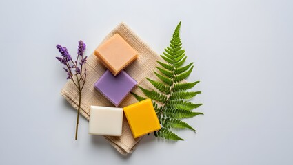 Natural handmade soaps with fern and dried flowers for skin care and aromatherapy use