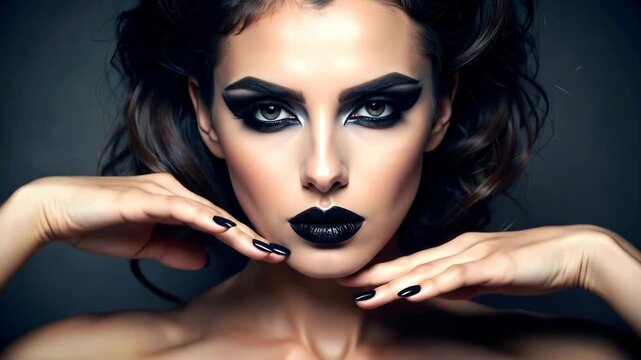Dark dramatic beauty look features intense black eye dark lips, intense gaze, hands frame face. Dark siren woman makeup