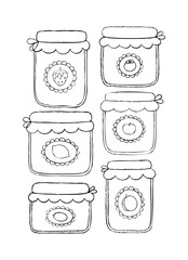 Set of fruit jam jars outlines hand drawn sketch pencil texture