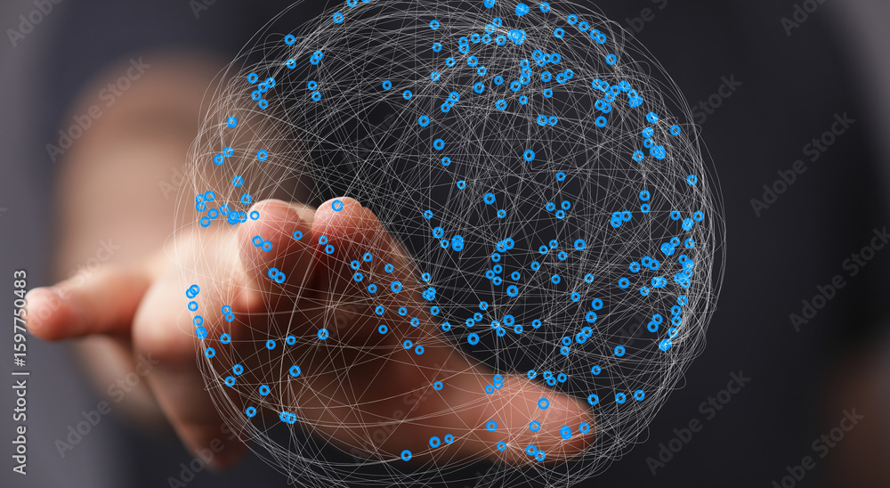Poster abstract image depicting a hand interacting with a digital globe, symbolizing global connectivity an