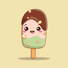 Cute Ice Cream Popsicle Chocolate Peanut Cartoon Vector Icon Illustration. Sweet Food Icon Concept Isolated Premium Vector. Flat Cartoon Style