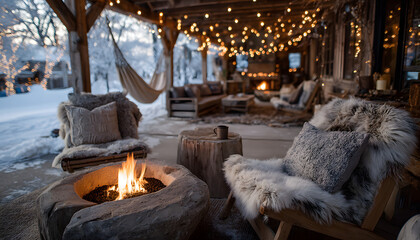 Cozy winter cafe outdoor with fire pit, fur covered chairs. Snowy background, string lights create inviting retreat. Warm ambience for relaxation, gathering. Hot cocoa beverage of choice in winter