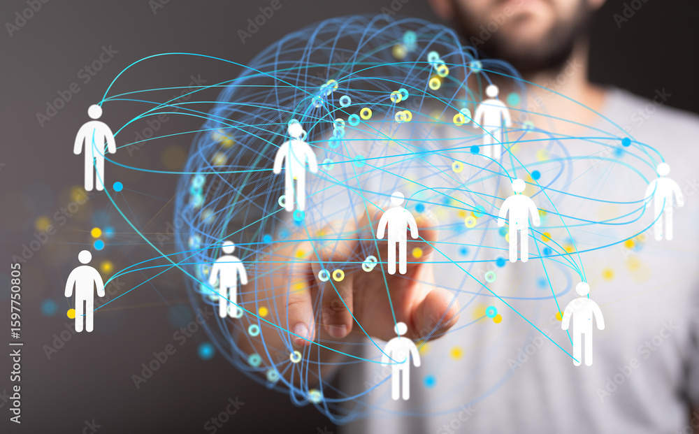 Poster image of a hand interacting with a digital network of people, symbolizing global connection and comm