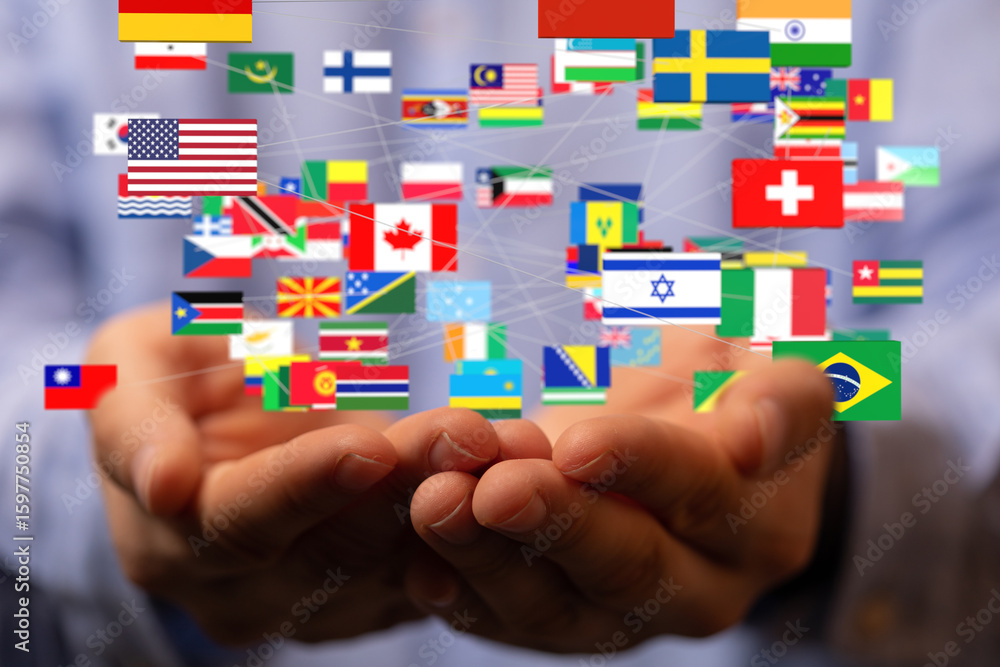 Poster Image of hands holding a network of interconnected flags representing global unity and international relations.