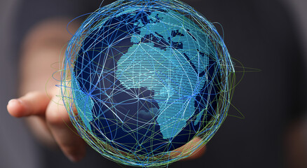 Stock photo of a hand holding a digital globe, illustrating global connectivity and networking.