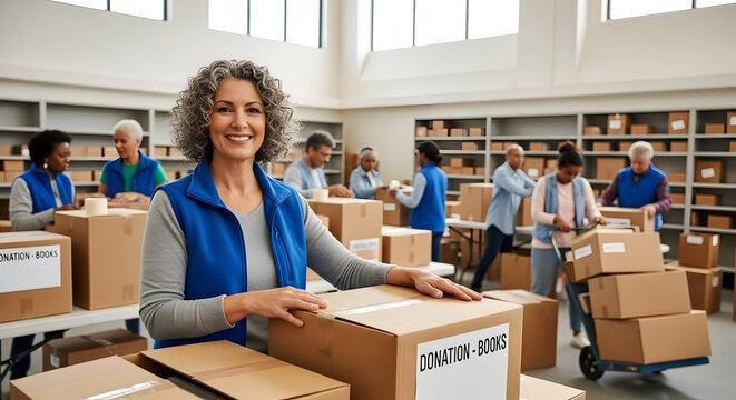 Smiling Woman Volunteering in Book Donation Center with Shelves Filled with Boxes