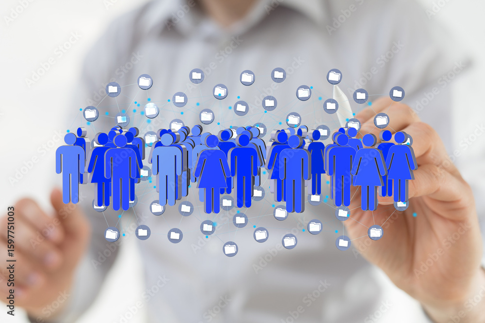 Poster visual representation of a network, connecting people and data files. ideal for teamwork, collaborat