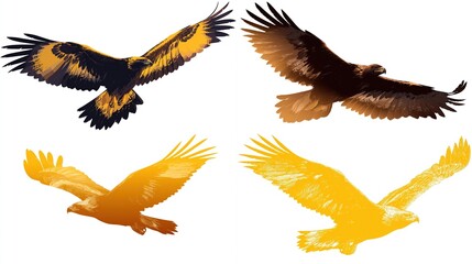Fototapeta premium Four golden eagles in flight, variations in color and tone
