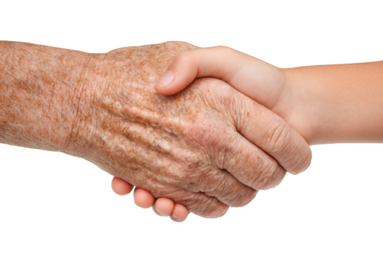 Two hands shaking hands, one of which is old and wrinkled