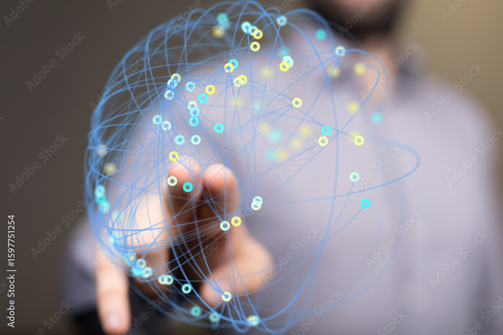 Poster abstract image of a person interacting with a digital network. ideal for technology, connection, and