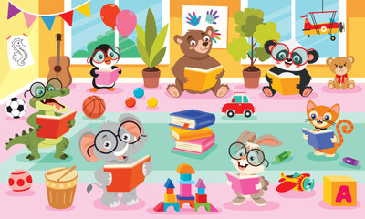 Cartoon Animals Learning At Kindergarten