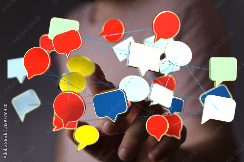 Poster abstract image of interconnected speech bubbles, representing global communication and networking.